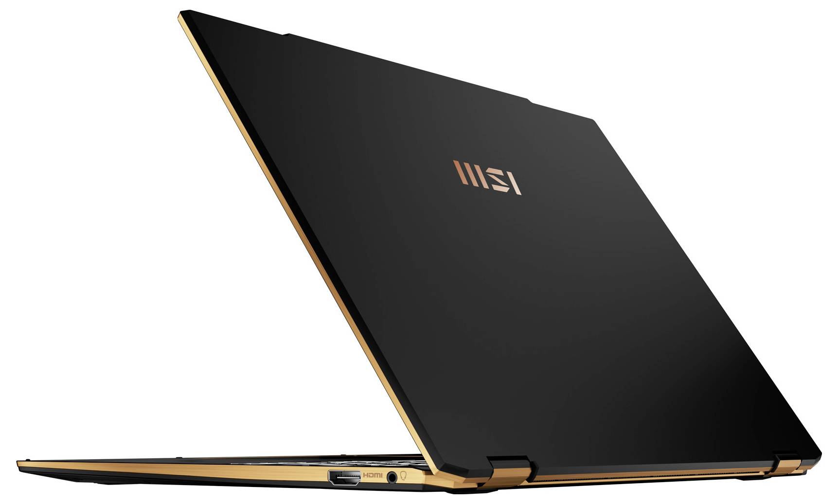Ein schwarzer Laptop, teilweise aufgeklappt, mit einem eleganten Design und einem goldenen Scharnier, auf einer neutralen Oberfläche.
