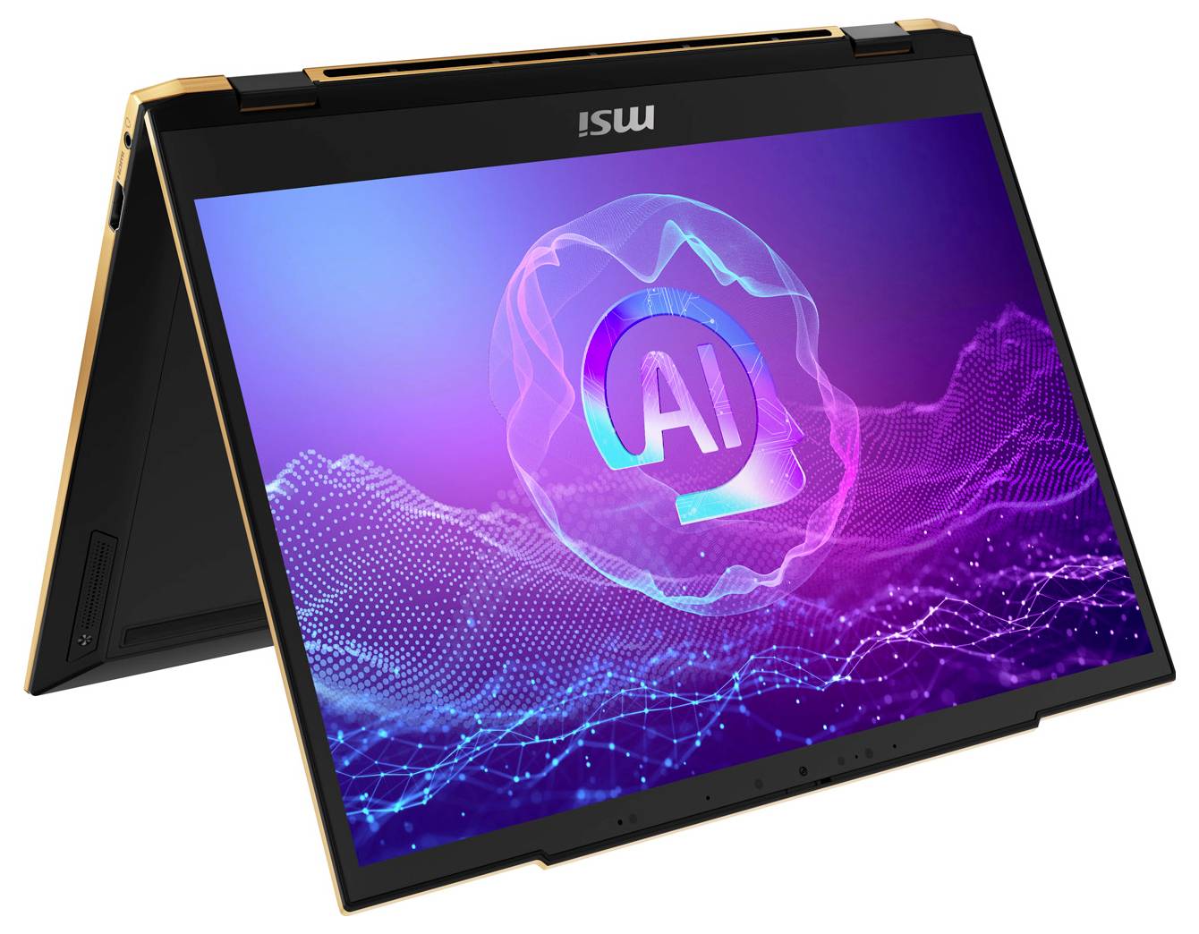 Ein Laptop im Zeltmodus zeigt eine grafische Darstellung mit den Buchstaben 'AI' vor einem Hintergrund in Blau- und Lilatönen.