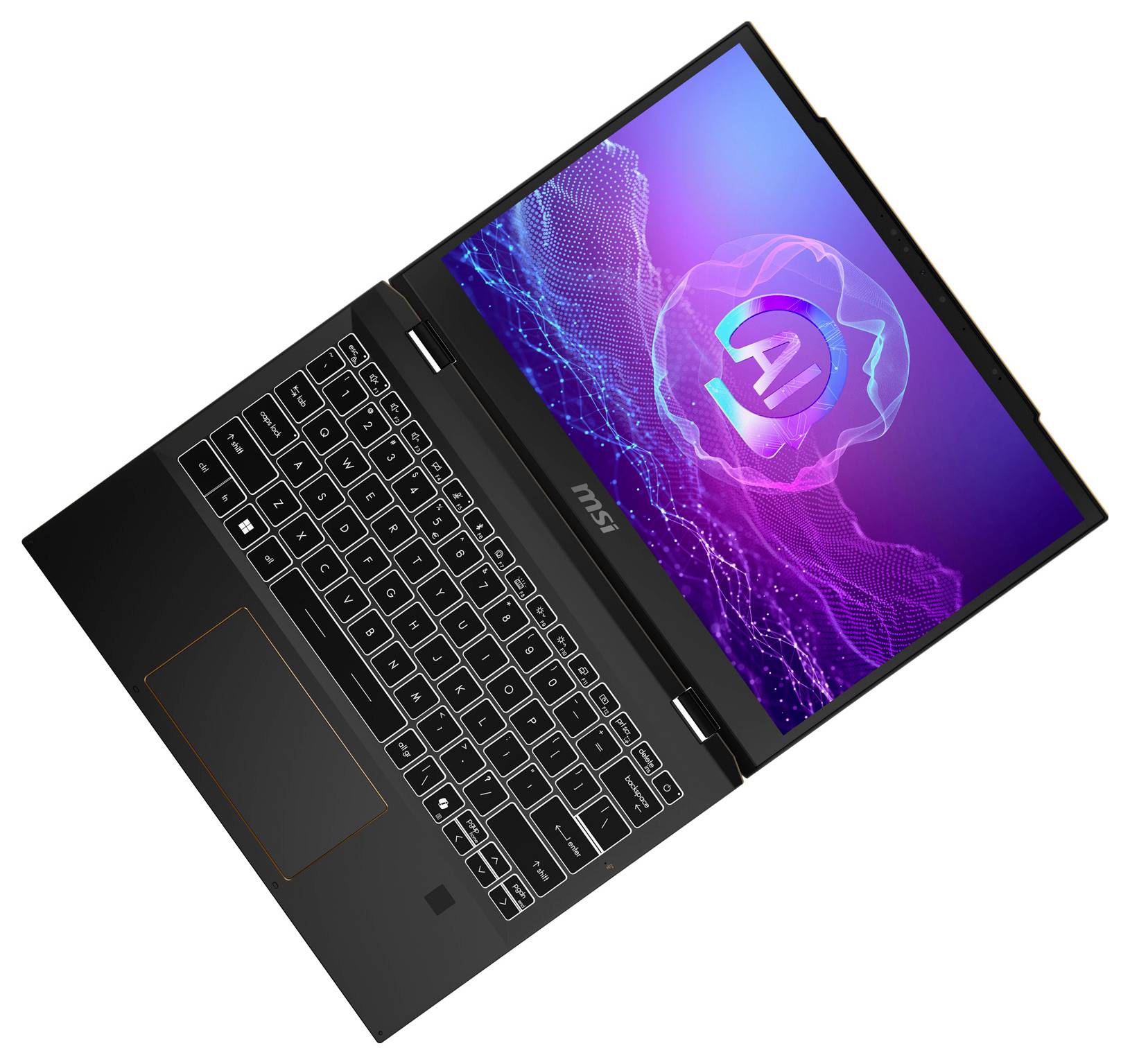 Ein schwarzer Laptop mit einer farbenfrohen, digitalen Abbildung auf dem Bildschirm. Das Bild zeigt ein stilisiertes "A"-Logo.