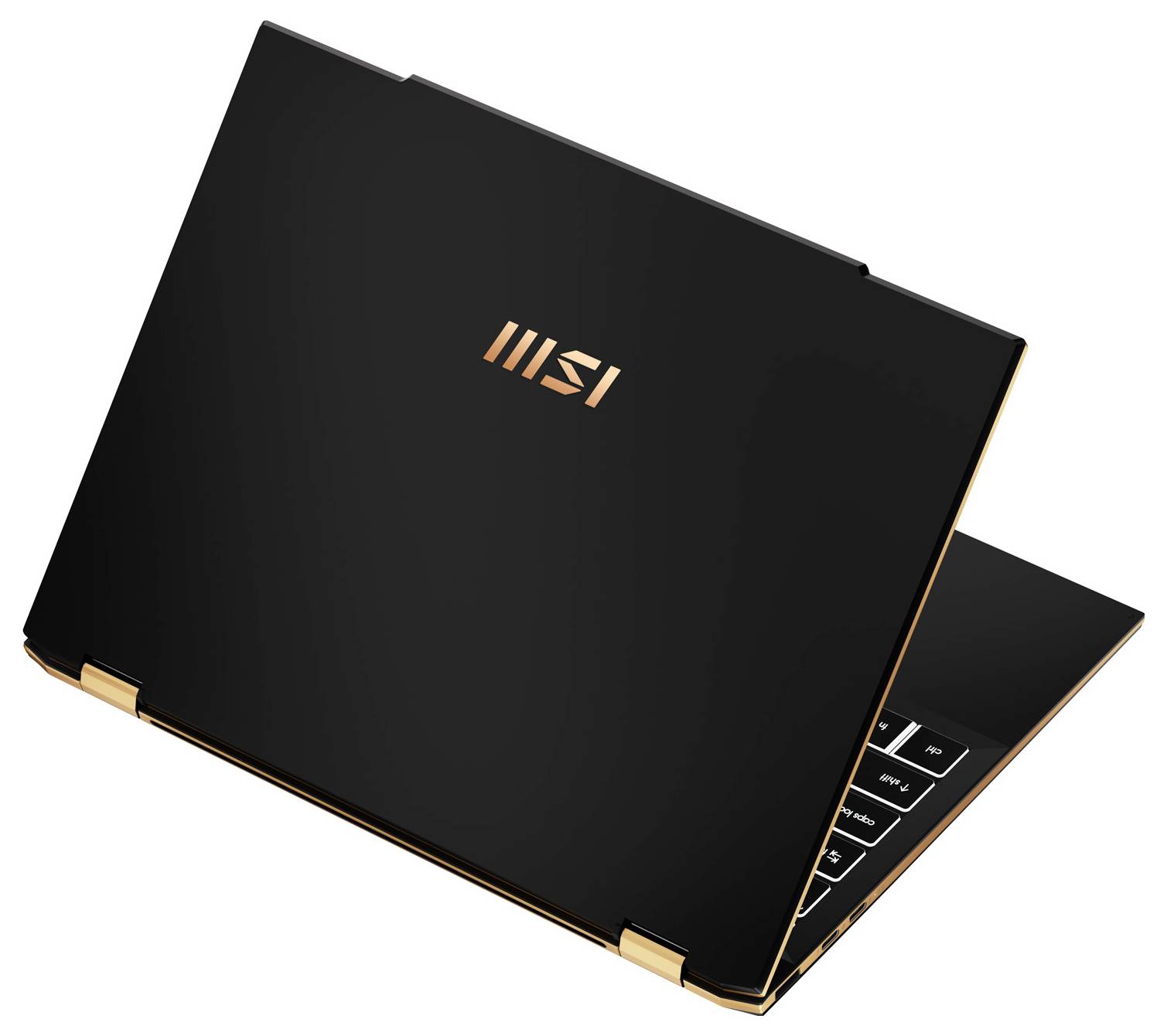 Ein schwarzer Laptop mit goldenen Akzenten, teilweise geöffnet, das MSI-Logo auf dem Deckel sichtbar. Das Gerät steht auf einem weißen Hintergrund.