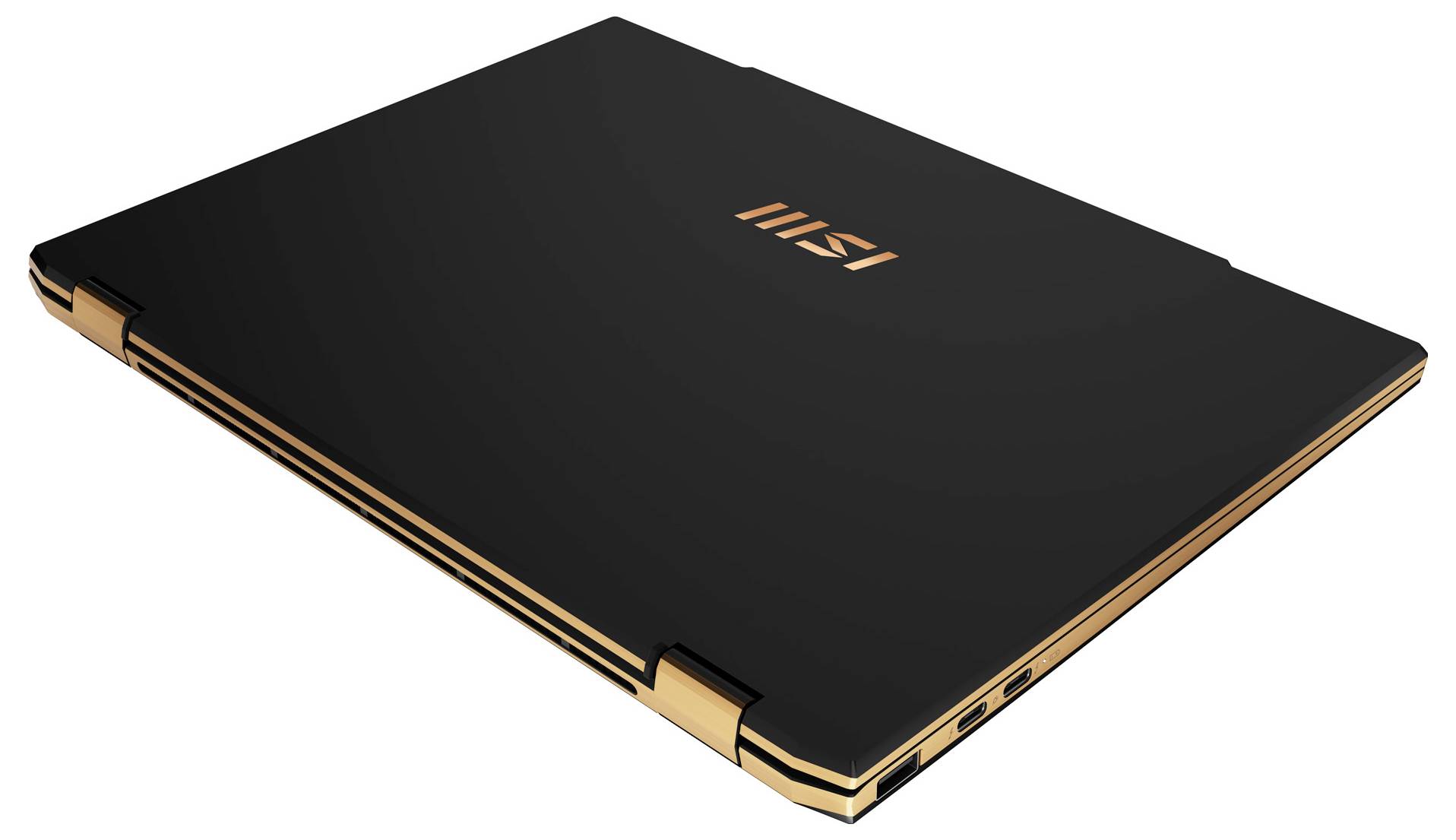 Ein schwarzer Laptop von MSI mit goldenen Akzenten, von hinten in einem geschlossenen Zustand gesehen.