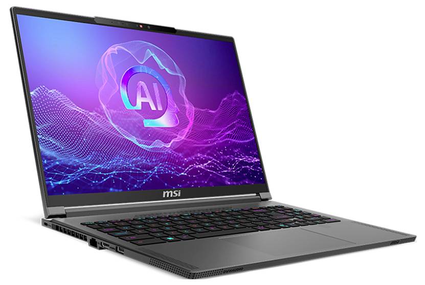 Ein Laptop mit beleuchteter Tastatur zeigt ein Display mit bunten Linien und einem großen 'AI'-Logo.<br><br><br>