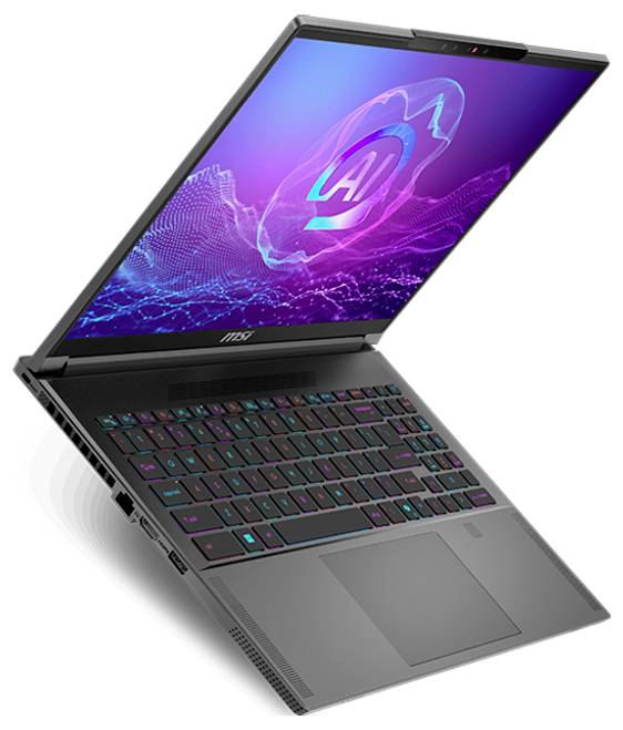 Ein aufklappbarer Laptop mit beleuchteter Tastatur und einem Bildschirm, der ein neonfarbenes 'AI'-Logo und ein digitales Netzdesign zeigt.