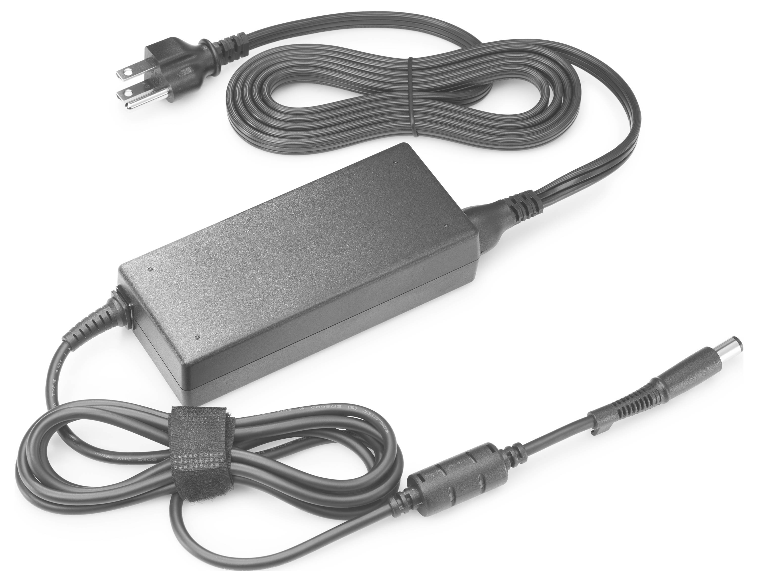Schwarzes Laptop-Netzteil mit zwei Kabeln und Stecker.