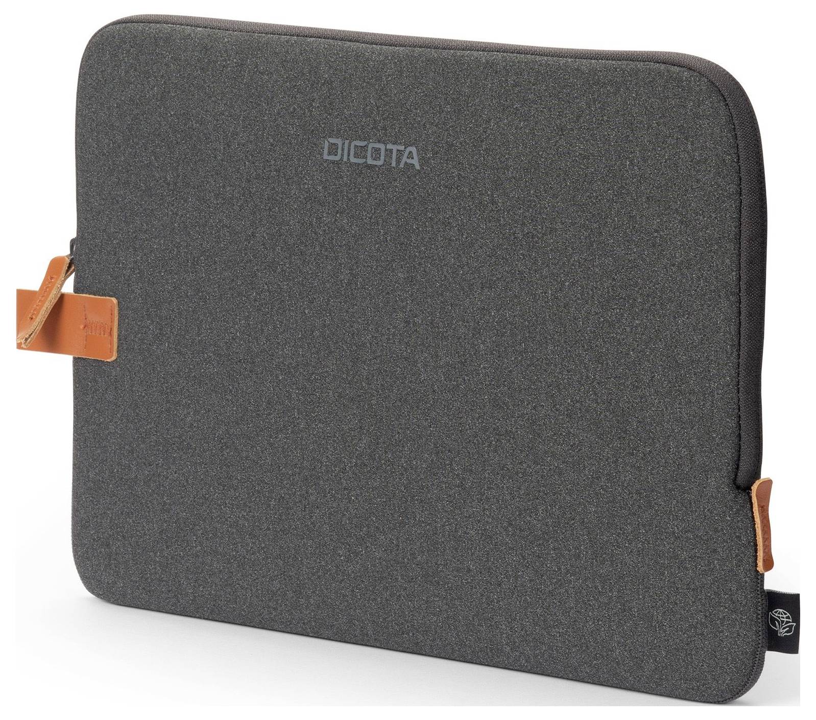 Schlichte, graue Laptophülle mit braunen Reißverschlüssen, trägt das Logo 'Dicota'. Geeignet zum Schutz eines Laptops.