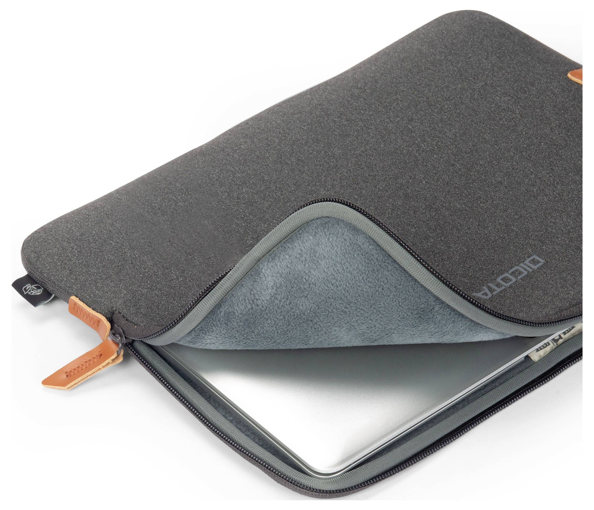 Dunkelgraue Laptop-Schutzhülle mit Reißverschluss, teilweise geöffnet, zeigt einen silbernen Laptop im Inneren.