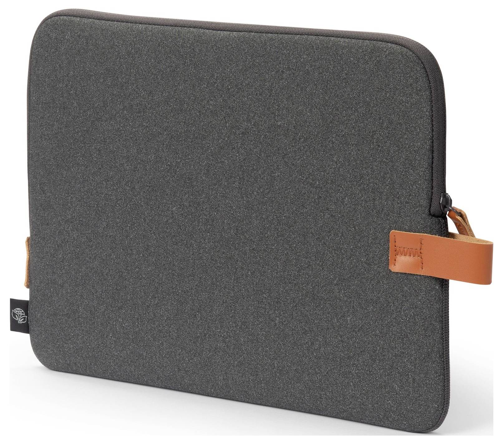 Graue Laptoptasche mit Reißverschluss und braunem Ledergriff an der Seite.