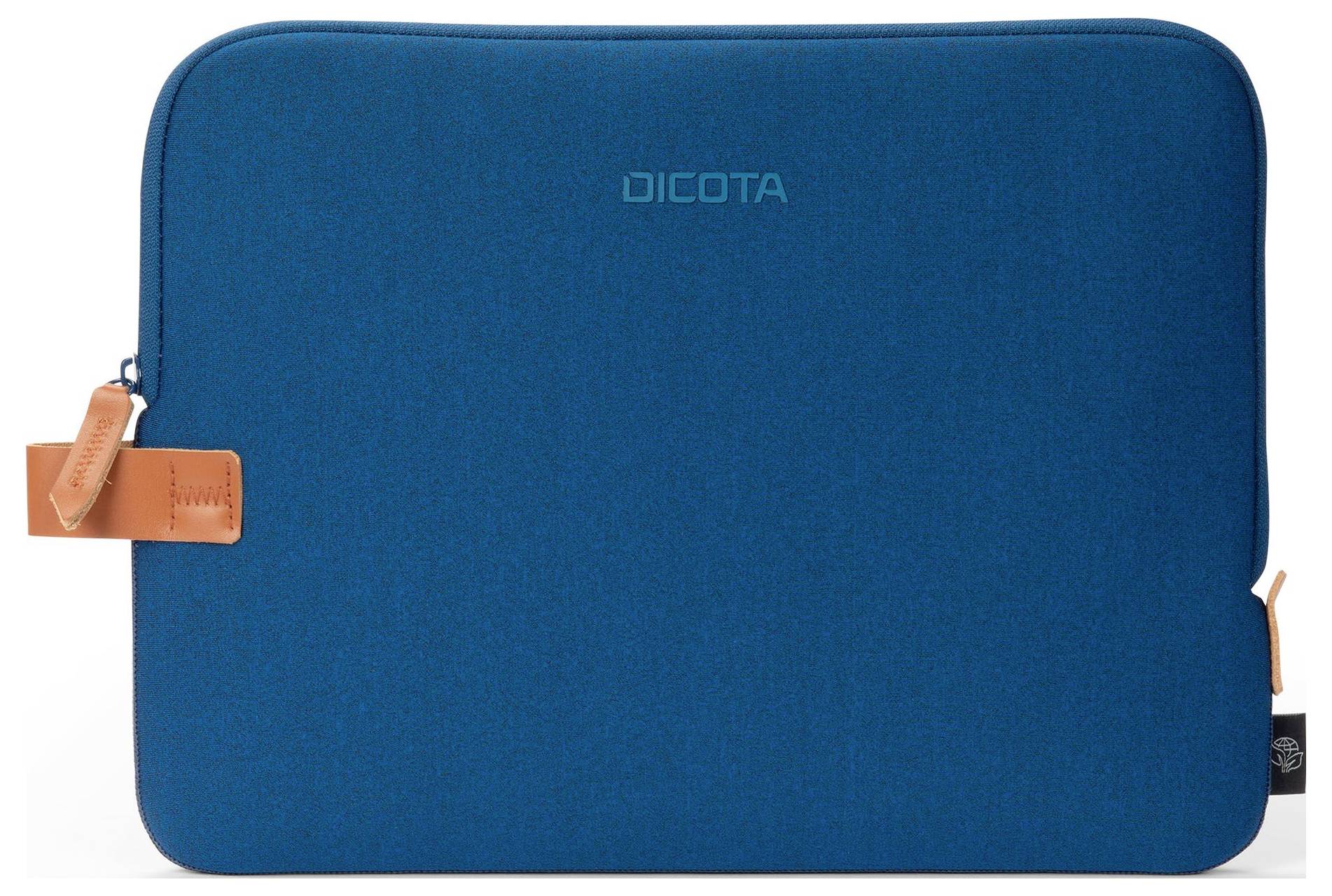 Blaue Laptop-Hülle mit Reißverschluss, Lederdetails und 'Dicota'-Logo in der Mitte. Schlichtes, modernes Design.
