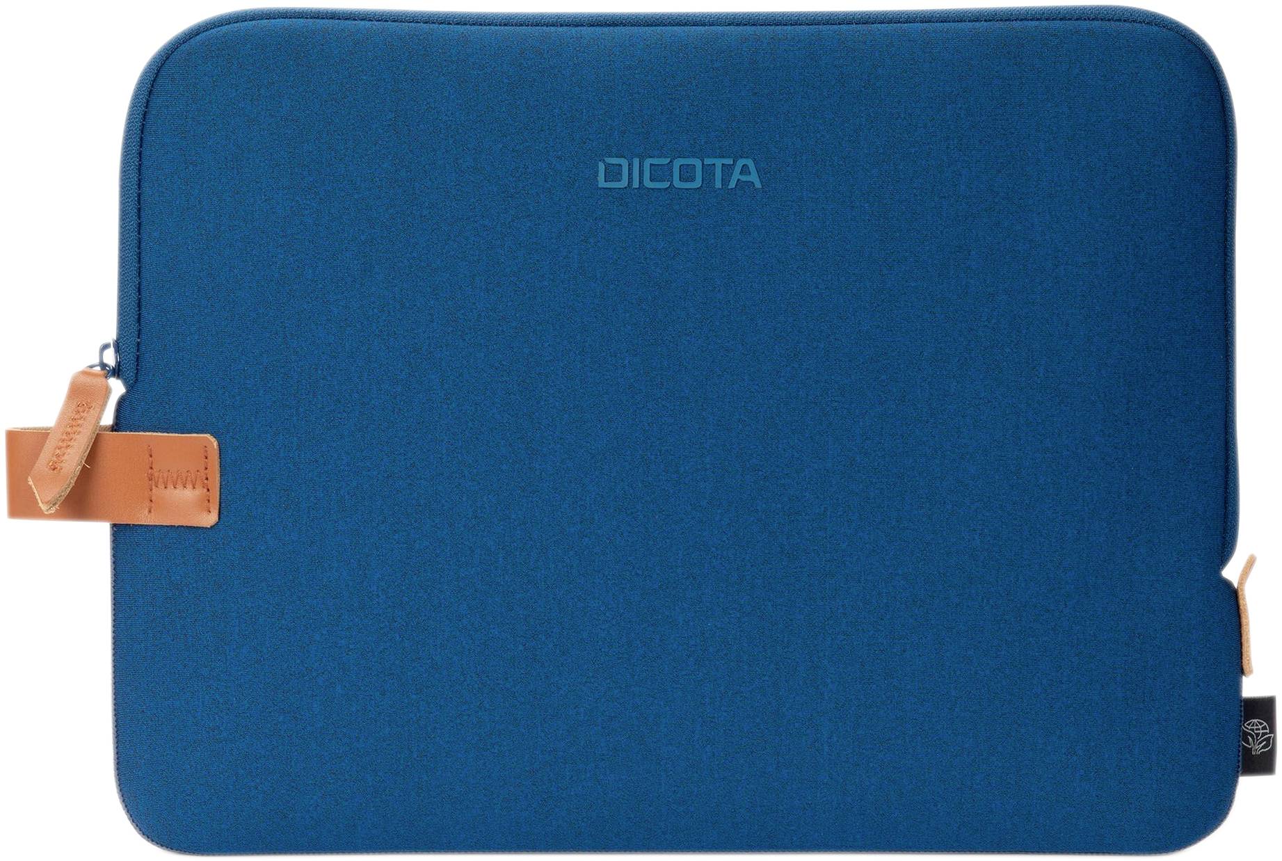 Blaue Laptoptasche mit Reißverschluss und orangefarbenen Lederdetails.