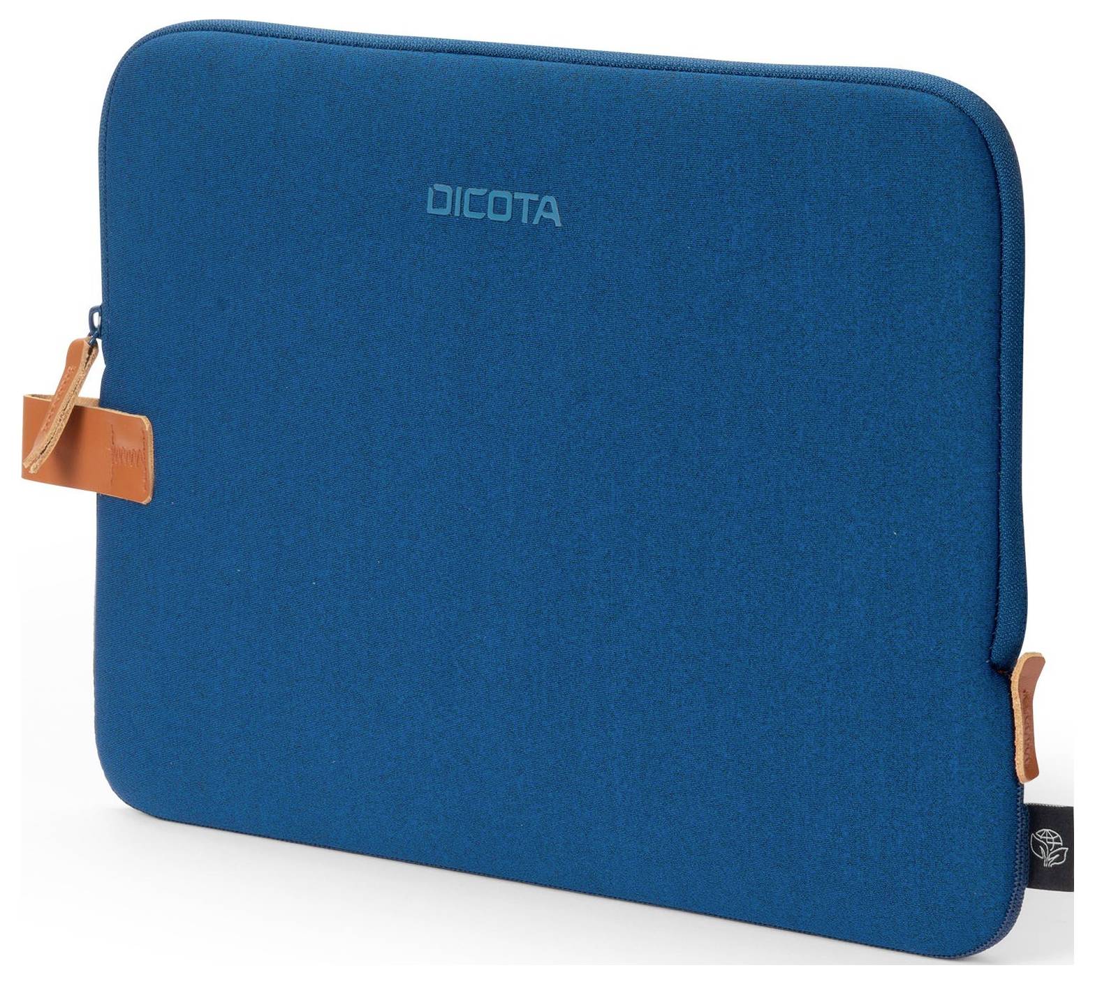 Blaue Laptoptasche mit Reißverschluss und orangenen Lederdetails, der Markenname 'Dicota' ist sichtbar.