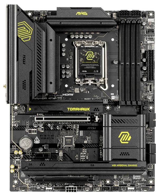 Mainboard der Marke MSI MAG mit der Aufschrift 'Tomahawk', bietet diverse Steckplätze und Anschlüsse für PC-Komponenten, dient der Systemintegration.