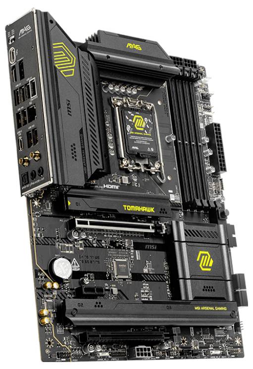 'MSI MAG Tomahawk Motherboard' mit gelben Akzenten und zahlreichen Anschlüssen für Gaming und High-Performance-Aufgaben.