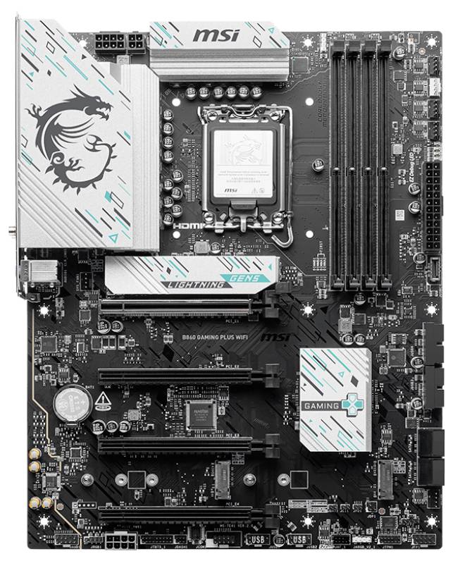 Ein schwarzes Motherboard mit mehreren Steckplätzen und einem auffälligen Design, geeignet für Gaming-PCs. Firmenlogo oben links.