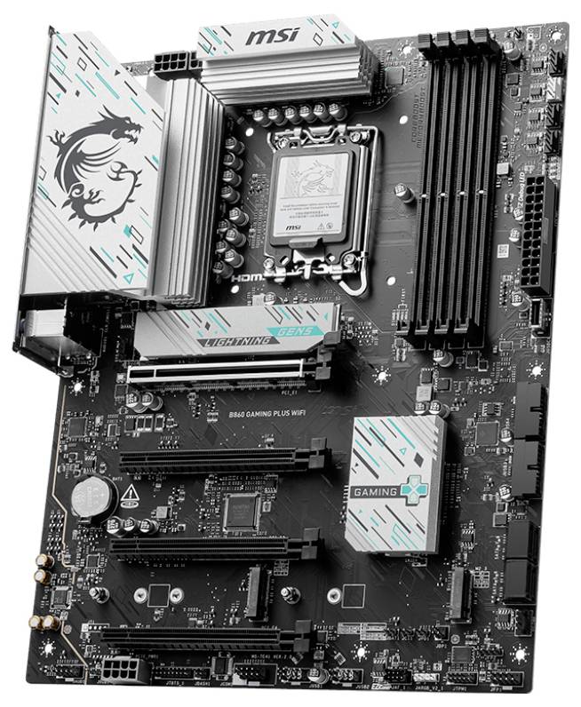 Ein MSI-Motherboard mit Sockel für eine CPU, mehreren PCIe-Steckplätzen und Kühlkörpern. Es ist für Gaming und WLAN ausgestattet.
