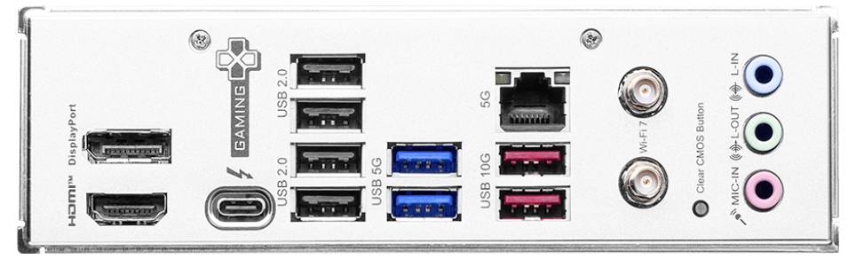 'Rückseite eines Computer-Mainboards mit diversen Anschlussmöglichkeiten, darunter USB, HDMI, Ethernet und Audioanschlüsse.'