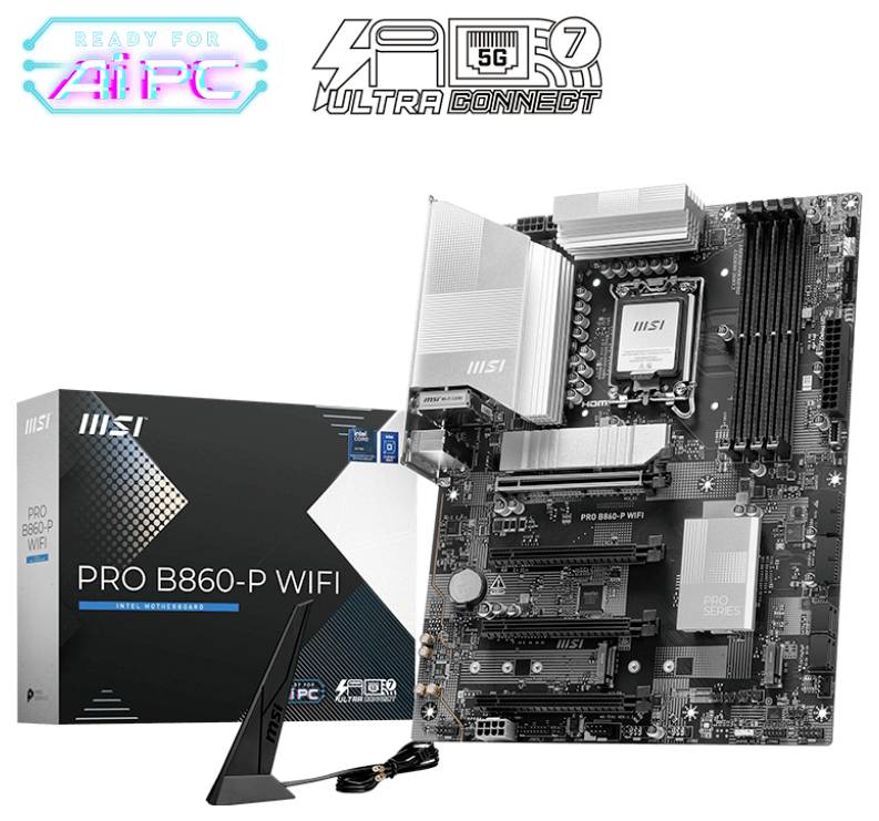 Ein MSI PRO B860-P WIFI Motherboard mit Verpackung und WLAN-Antenne. Unterstützt 5G und Ultra Connect. Geeignet für AI PC.