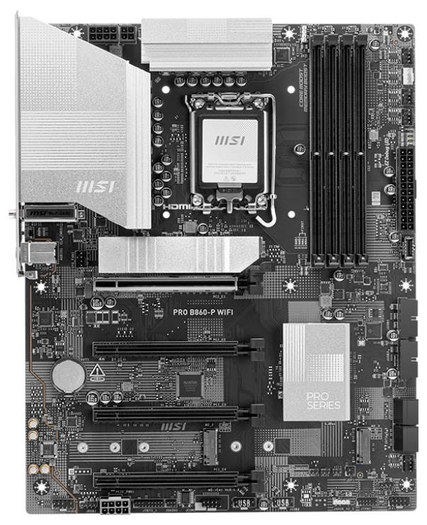 Ein Computer-Motherboard mit mehreren PCIe-Slots, RAM-Steckplätzen und CPU-Sockel, gekennzeichnet mit 'PRO B660-P WIFI' und 'PRO SERIES'.