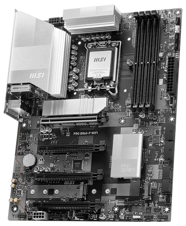 Ein Computer-Mainboard mit der Aufschrift 'PRO B660-P WIFI', mehreren Steckplätzen für RAM und Erweiterungskarten, Sicht auf Kühlkörper.