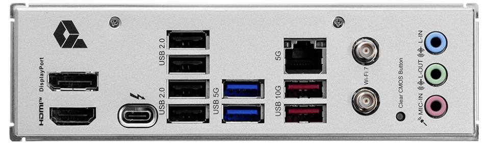 Rückseite eines Computers mit Anschlussmöglichkeiten: HDMI, DisplayPort, USB 2.0, USB 3.0, USB-C, Ethernet, Audio, Wi-Fi-Antennenanschlüsse.