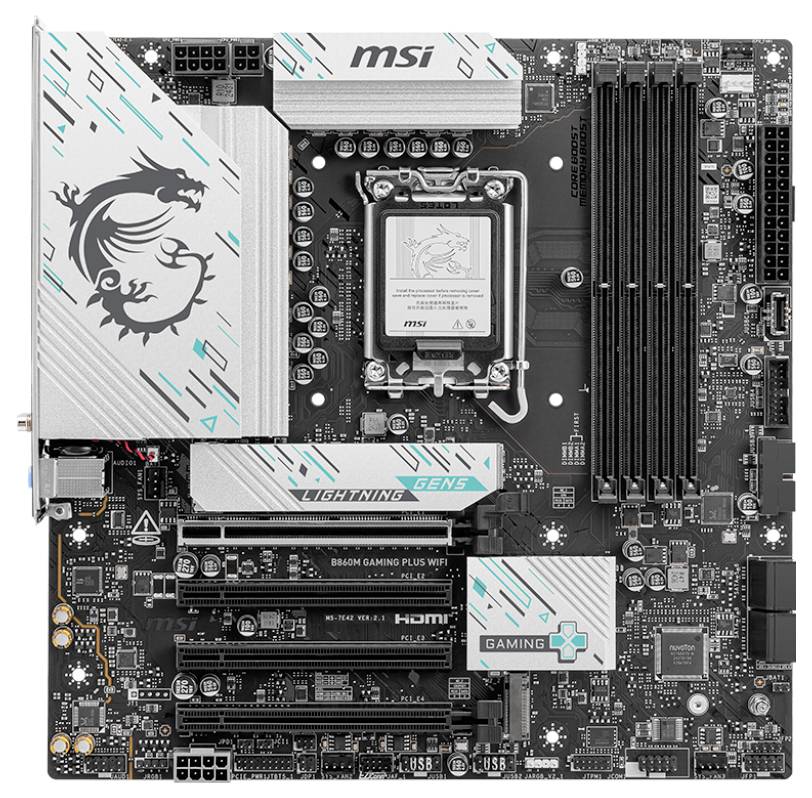 Eine MSI-Mainboard zeigt Schaltkreise, RAM-Steckplätze und PCIe-Steckplätze. Design-Elemente umfassen einen stilisierten Drachen.