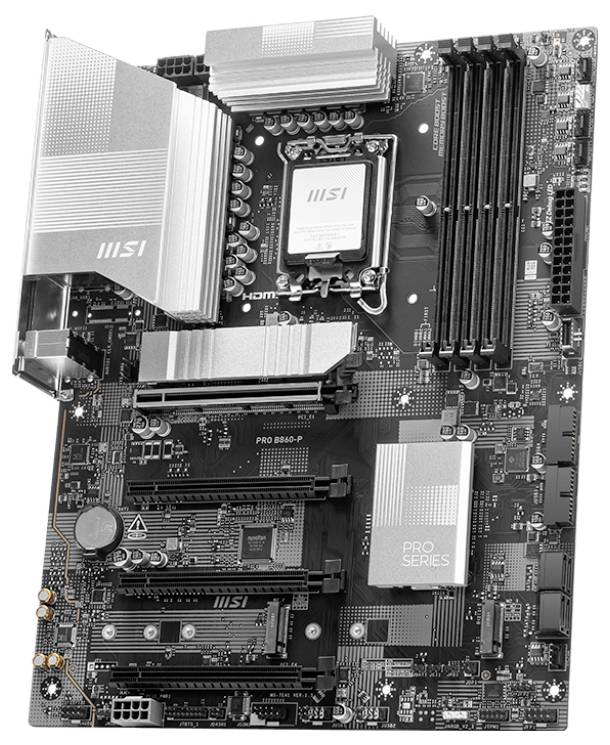 Ein MSI-Motherboard mit mehreren Steckplätzen und Anschlüssen. Es zeigt eine CPU-Buchse, RAM-Steckplätze und Erweiterungsslots.