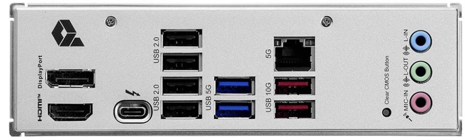 Rückseite eines Computers: diverse Anschlüsse, darunter HDMI, USB 2.0/3.0/3.1, Ethernet, Audio-Ausgänge und USB-C.