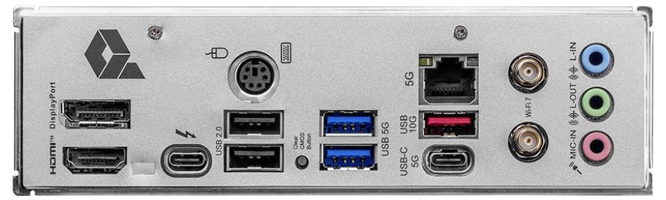Rückseite eines Computergehäuses mit verschiedenen Anschlüssen: HDMI, DisplayPort, USB (Typ-C und A), Ethernet, Audioanschlüsse.