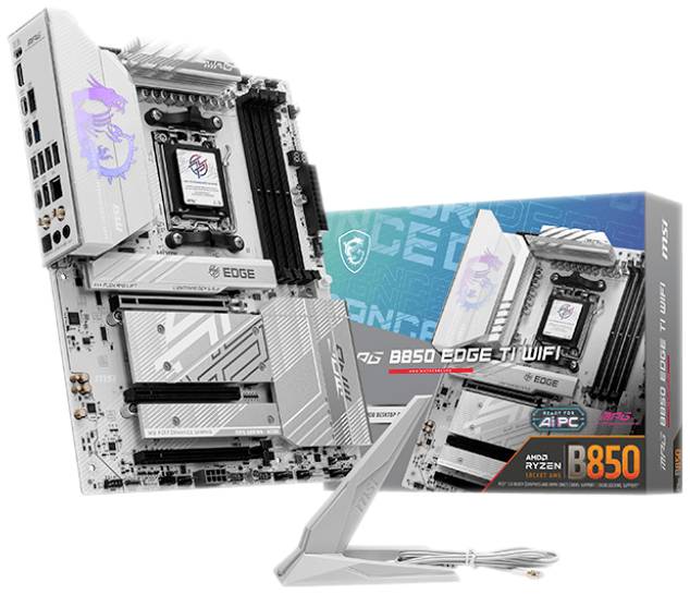 Mainboard MSI B550 EDGE TI WIFI mit Kühlkörpern und Anschlüssen, zeigt kompatible Verpackung. Ryzen 5000 Ready, WiFi 6 integriert.