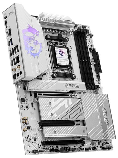 Ein weiß-schwarzes Computer-Mainboard mit mehreren PCIe-Steckplätzen, RAM-Slots und Anschlüssen, geeignet für leistungsstarke Anwendungen.