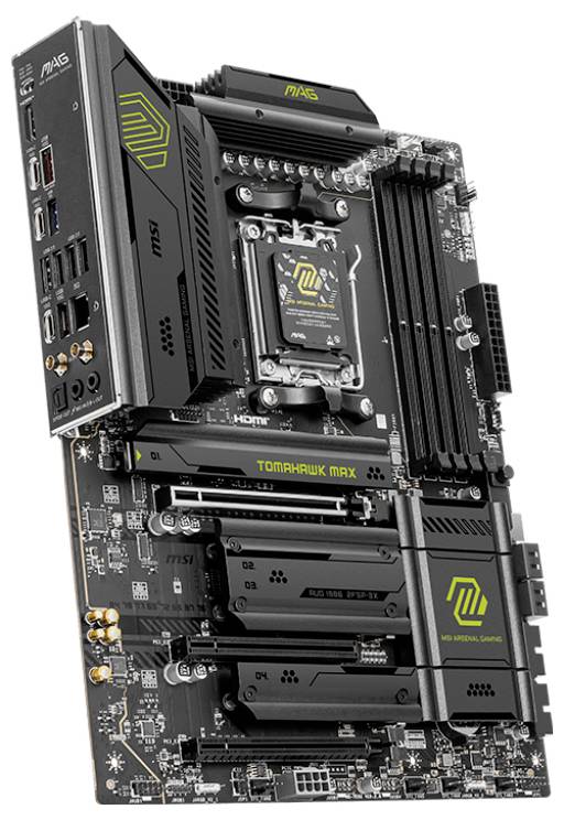 Hauptplatine mit mehreren Steckplätzen und Anschlüssen, markiert mit 'TOMAHAWK MAX'. Geeignet für leistungsstarke Computeranwendungen.