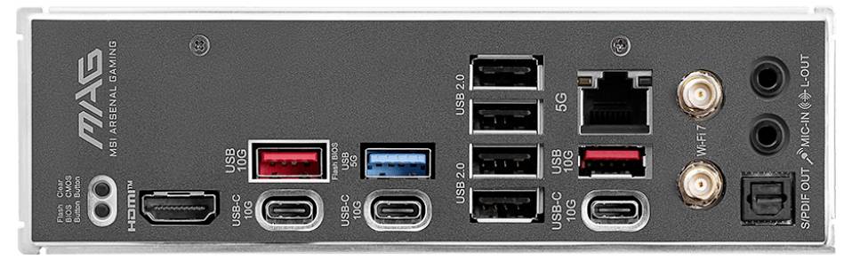 Rückseite eines Computer-Mainboards mit verschiedenen Anschlüssen, darunter USB-Anschlüsse, LAN, HDMI, und Audioanschlüsse.