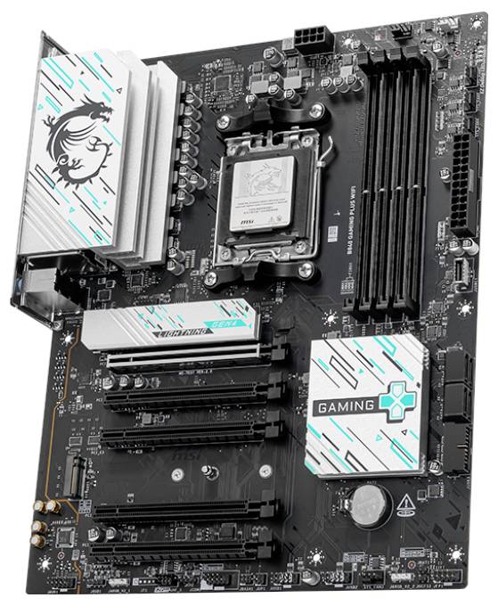 Eine schwarze Gaming-Mainboard-Platine mit Mehrfachschnittstellen, Kühlern und einem stilisierten Drachen-Logo auf den Kühlkörpern.