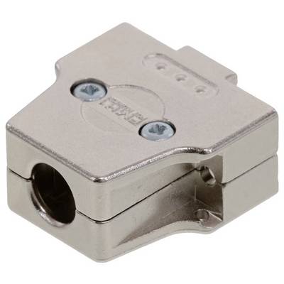 Ein metallener D-Sub-Stecker mit zwei Schrauben zur Befestigung und einem runden Anschluss in der Mitte. Geeignet für Kabelverbindungen.