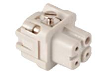 Ein grauer elektrischer Steckverbinder mit drei Löchern und einer Schraube zur Befestigung. Used in various wiring assemblies.