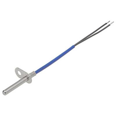 Zylindrischer Temperatursensor aus Metall mit blauer Ummantelung und zwei Kabeln, geeignet für industrielle Anwendungen.