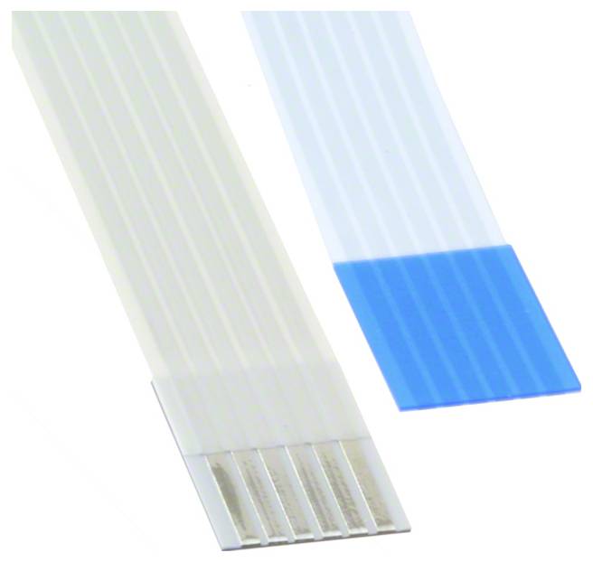 „Flexible Flachkabel (FFC) mit 6 Pins, mit grauen und blauen Farbabschnitten, verwendet für elektrische Verbindungen und Datenübertragung."