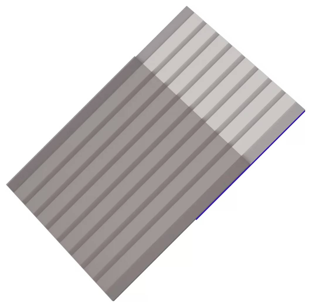 Diagonale Abbildung eines gewellten Dachpanels mit zwei überlappenden Abschnitten, einer dunkelgrau und einer hellgrau.