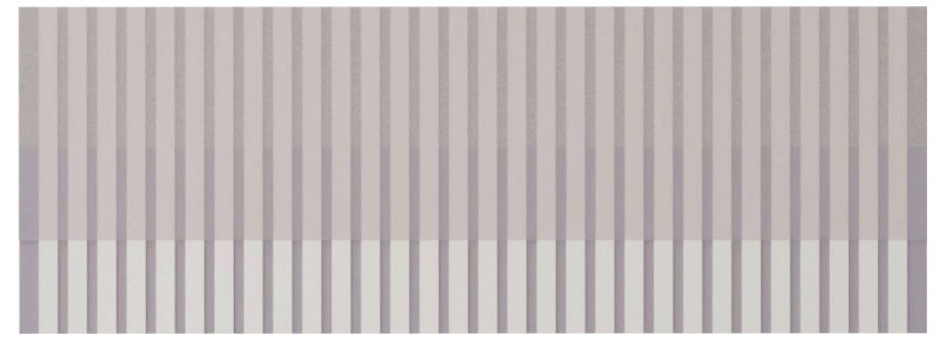 Vertikales beige und grau gestreiftes Muster mit abwechselnden breiten und schmalen Balken, das einem einfachen abstrakten Textil- oder Tapetenentwurf ähnelt.