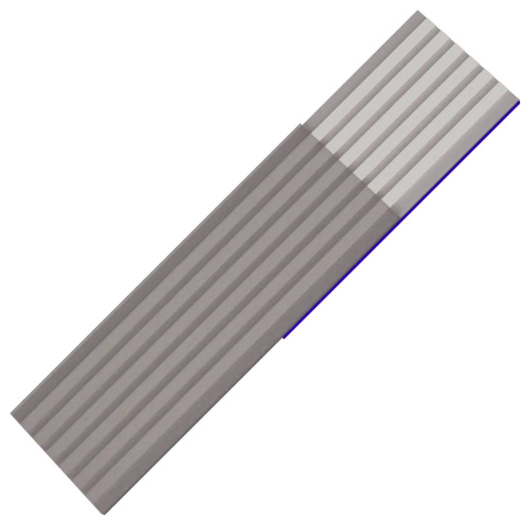 Diagonales geripptes rechteckiges Metallband in Grautönen mit einem leichteren segmentierten Ende.