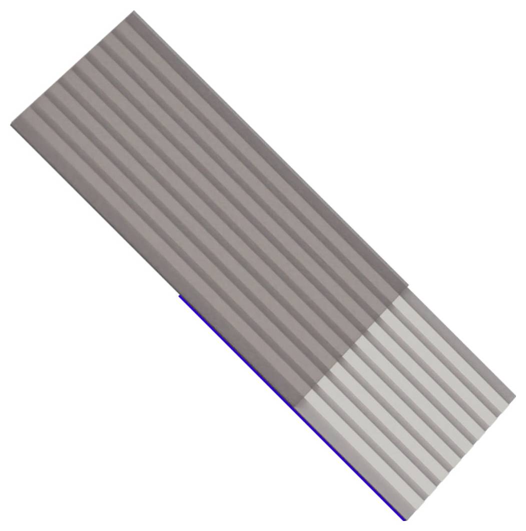 Diagonal gestreiftes graues rechteckiges Objekt mit einem helleren segmentierten Ende, dargestellt auf weißem Hintergrund.