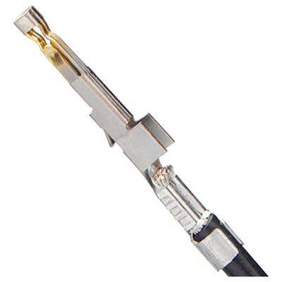 Ein Metallstecker an einem schwarzen Kabel, typischerweise für elektrische oder elektronische Verbindungen verwendet.