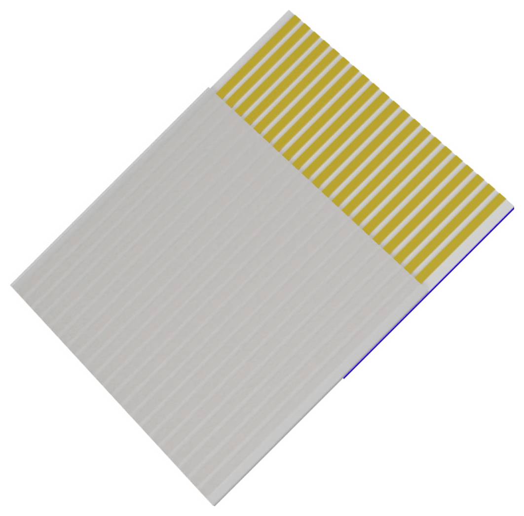 Nahaufnahme eines flachen, flexiblen Bandkabelsteckers mit goldenem gestreiftem Kontaktende und grauem Gehäuse auf weißem Hintergrund.