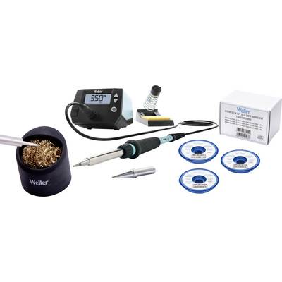 Lötstation-Set bestehend aus Lötstation, Lötkolben, Lötspitzen, Lötdrahtrollen und Reinigungstopf, geeignet für Elektronik-Reparaturen.