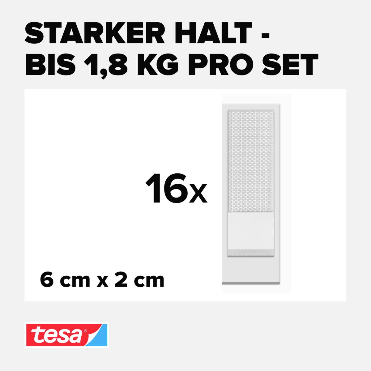 'Starker Halt - bis 1,8 kg pro Set.' Zeigt 16 weiße Klebestreifen, Maße 6 cm x 2 cm. Tesa-Logo unten links.