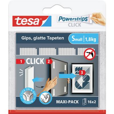 Verpackung von Tesa Powerstrips Click. Zeigt Anleitung in drei Schritten zum Anbringen eines Objekts an der Wand. Belastbar bis 1,8 kg.
