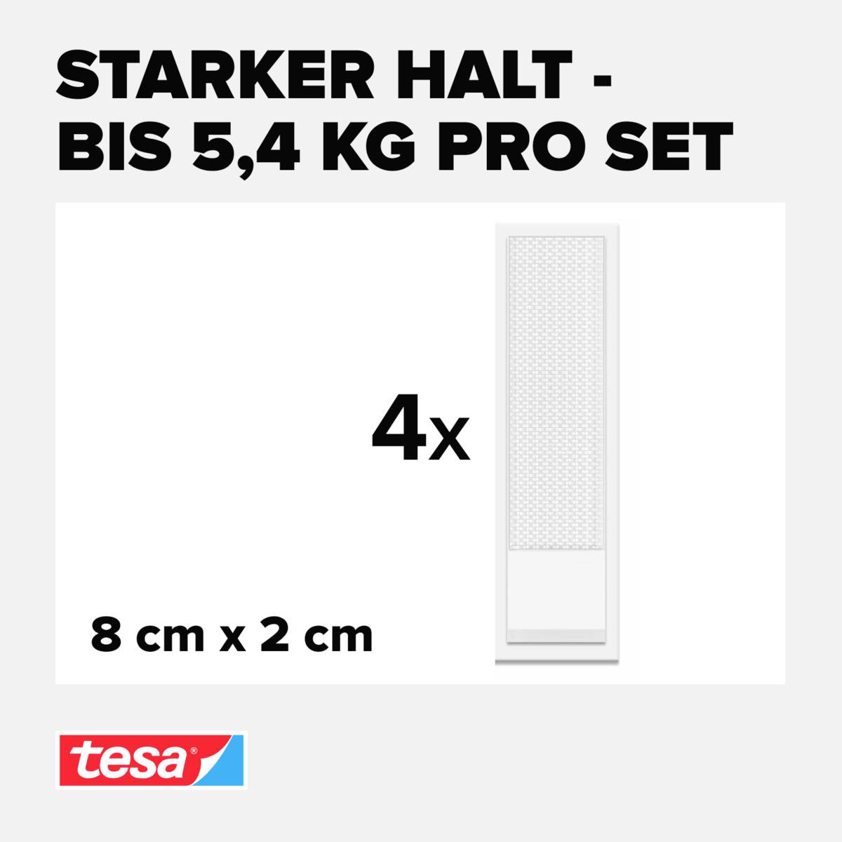 'Starker Halt - bis 5,4 kg pro Set': Bild zeigt vier Klebestreifen mit den Maßen 8 cm x 2 cm. Logo von 'tesa' unten links.