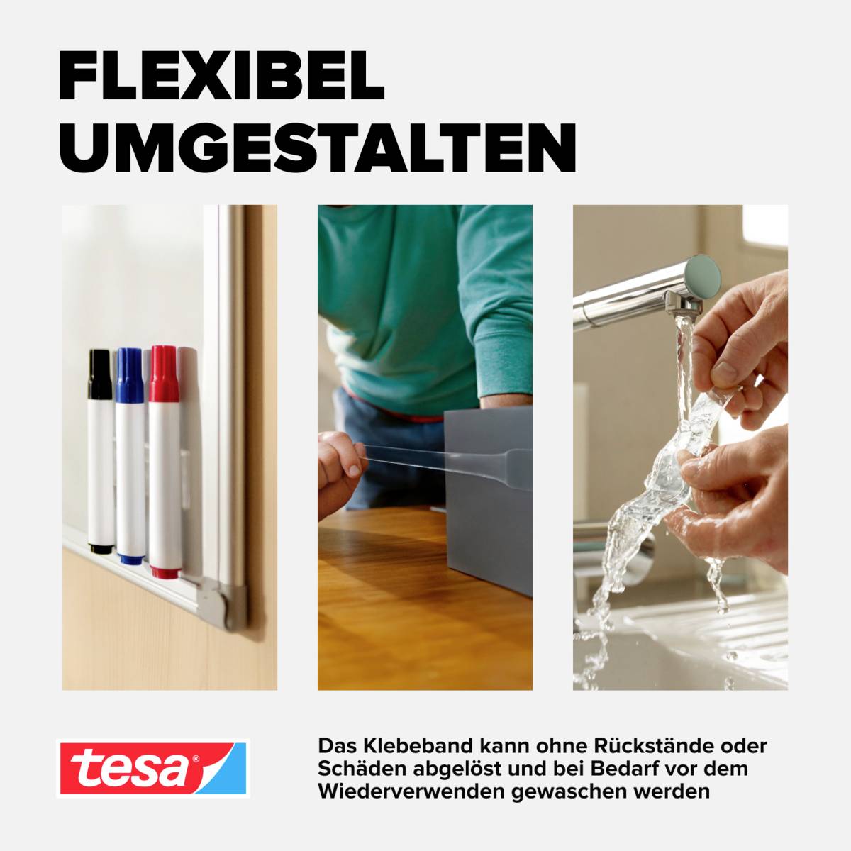 'FLEXIBEL UMGESTALTEN' neben Bildern von Boardmarkern, einer Person mit einer Schublade und Händen, die Klebeband abwaschen. 'tesa' Logo unten.