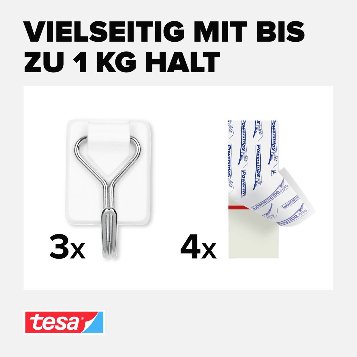 'Vielseitig mit bis zu 1 kg Halt' zeigt Bilder von einem Haken und Klebestreifen, Lieferung von 3 Haken und 4 Streifen von Tesa.