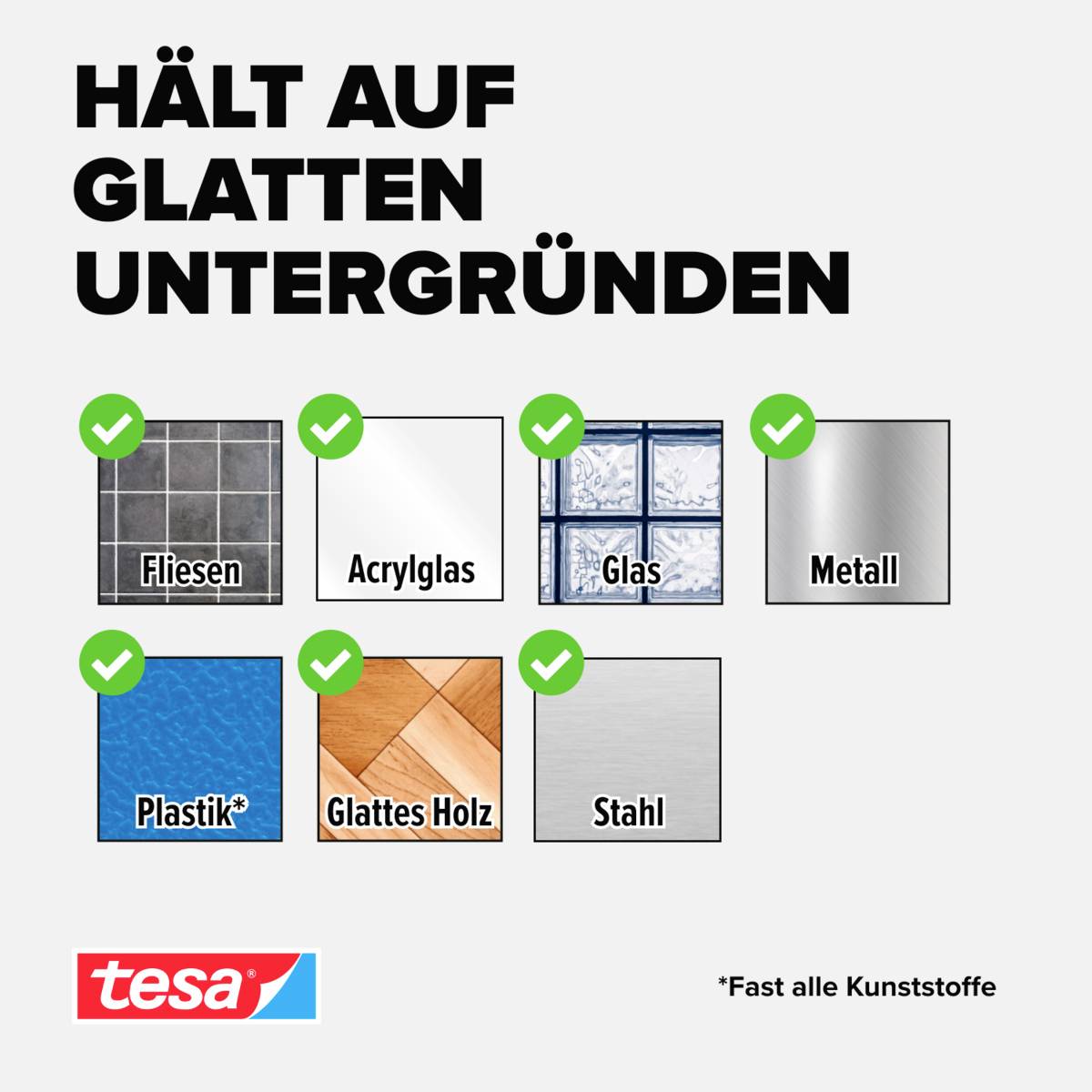 Das Bild zeigt 'Hält auf glatten Untergründen' mit Abbildungen und Häkchen für Fliesen, Acrylglas, Glas, Metall, Plastik, glattes Holz, Stahl. Markenname 'tesa' im unteren Bereich.