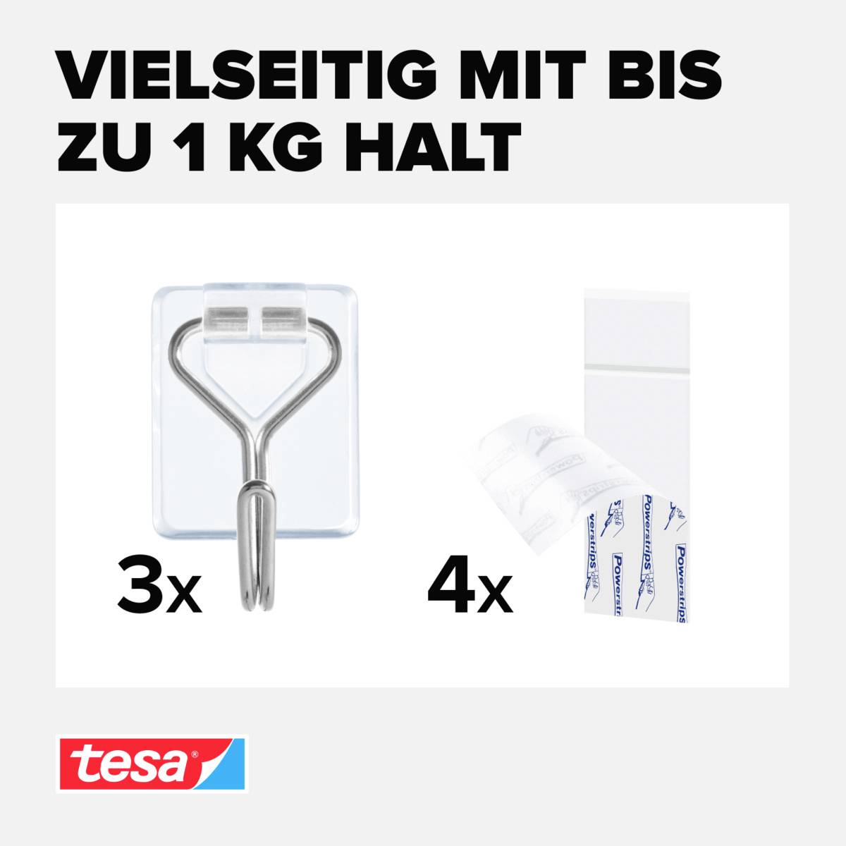 'Vielseitig mit bis zu 1 kg Halt'. Gezeigt sind drei Haken und vier Klebestreifen. Marke: Tesa.